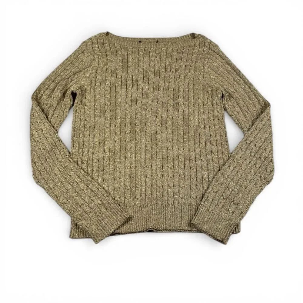 Lauren Ralph Lauren Cable Knit Sweater Beige Preppy Work Layering Pullover M/L
